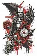 jason voorhees and the grim reaper with clocks and skulls tattoo design idea
