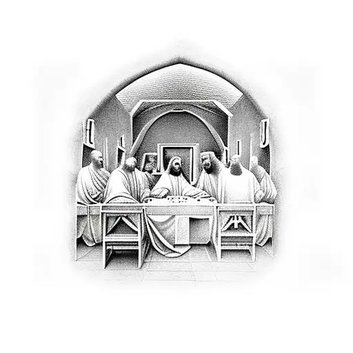 A black-grey tattoo of the Last Supper with a realistic and detailed portrayal of Jesus Christ and the disciples tattoo design idea