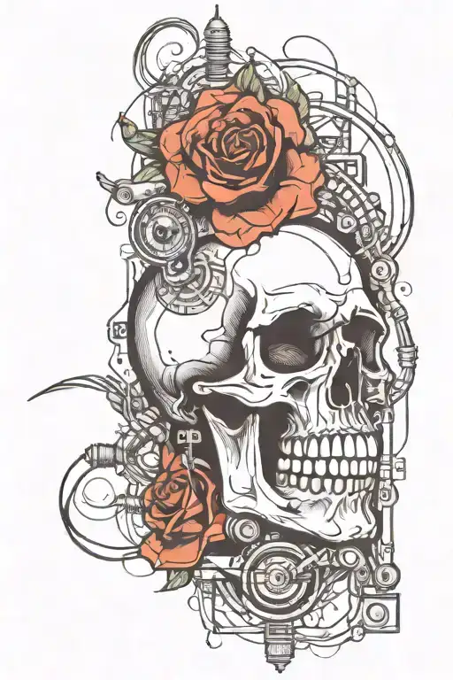 A vertical design featuring a skull integrated with speakers, wires, and other audio components tattoo design idea