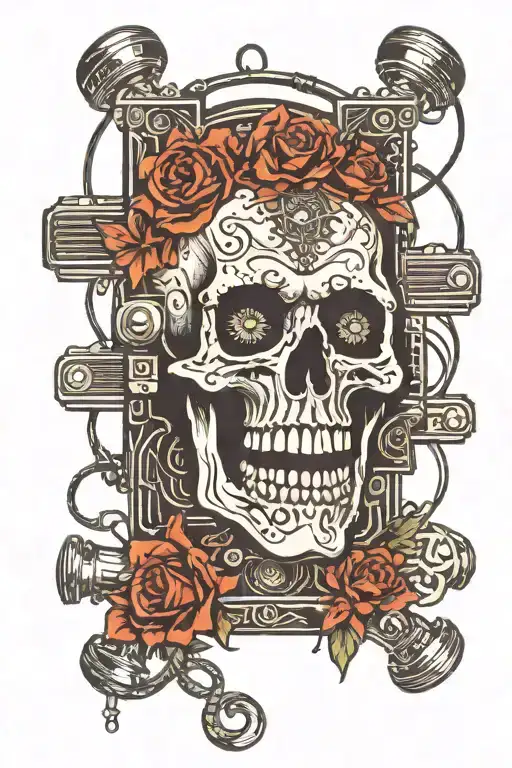 A vertical design featuring a skull integrated with speakers, wires, and other audio components tattoo design idea