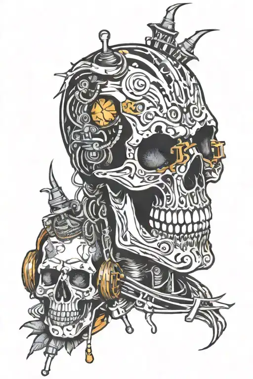 A vertical design featuring a skull integrated with speakers, wires, and other car audio components tattoo design idea