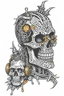 A vertical design featuring a skull integrated with speakers, wires, and other car audio components tattoo design idea