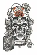 A vertical design featuring a skull integrated with speakers, wires, and other car audio components tattoo design idea