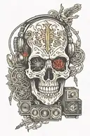 A vertical design featuring a skull integrated with speakers, wires, and other car audio components tattoo design idea