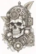 A vertical design featuring a skull integrated with speakers, wires, and other car audio components tattoo design idea