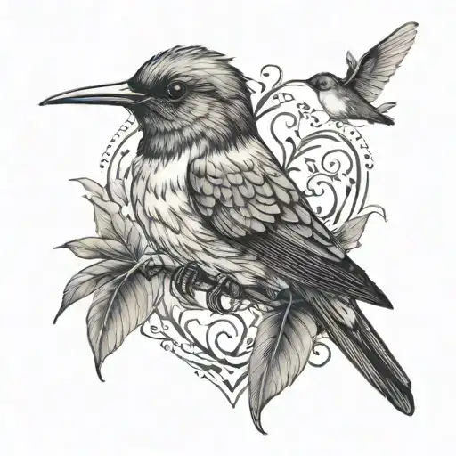 Feather and small humming bird with a heart in the shape of a family tree tattoo design idea
