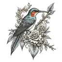 Feather and small humming bird with a heart in the shape of a family tree tattoo design idea