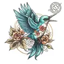 Feather and small humming bird with a heart in the shape of a family tree tattoo design idea