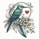 Feather and small humming bird with a heart in the shape of a family tree tattoo design idea
