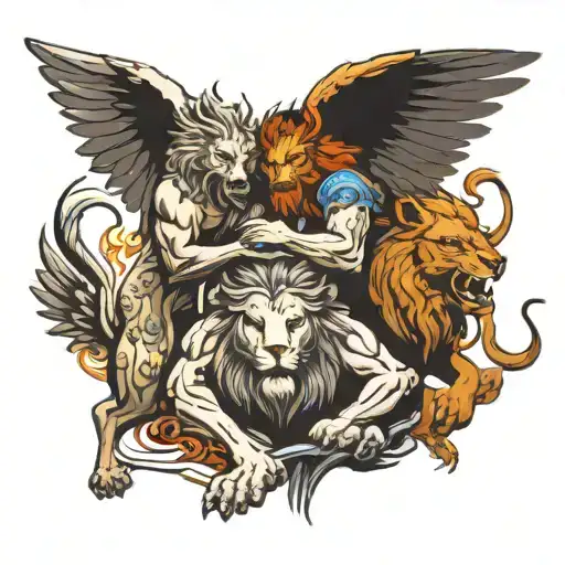 angel and lion fighting devil and wolves  tattoo design idea