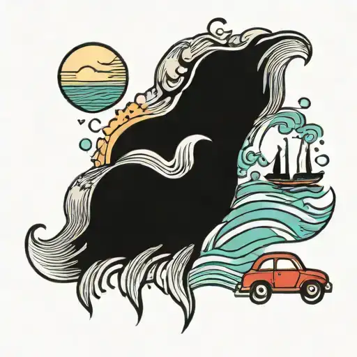 dainty heart with a wave and sun and a small car driving tattoo design idea