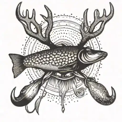 An intricate dotwork tattoo of a fishing lure with a deer antler design tattoo design idea