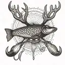 An intricate dotwork tattoo of a fishing lure with a deer antler design tattoo design idea