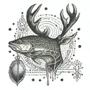 An intricate dotwork tattoo of a fishing lure with a deer antler design tattoo design idea