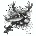 An intricate dotwork tattoo of a fishing lure with a deer antler design tattoo design idea