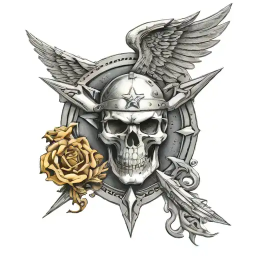 ranger regiment shield, just use star and lightning bolt and sun, add skull, add wings, fire , angel  tattoo design idea