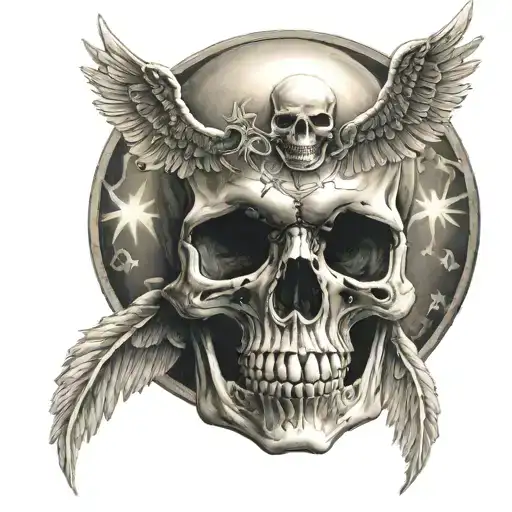 skull, with femal angel, star sun lighting bolt  tattoo design idea
