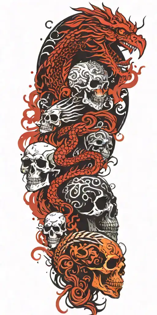 Chinese dragon and phoenix and skull and moon and Scandinavian mythology patterns tattoo design idea