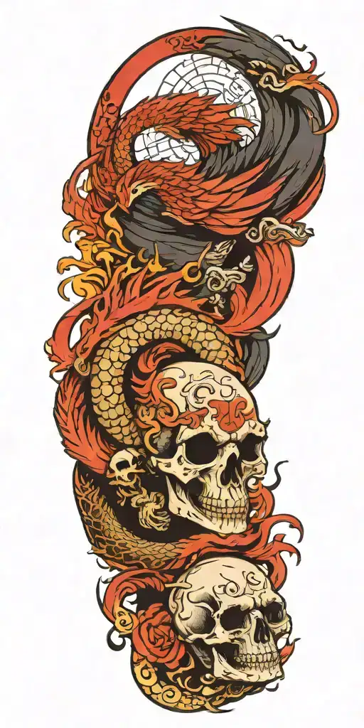 dragon and phoenix and skull and moon and raven tattoo design idea