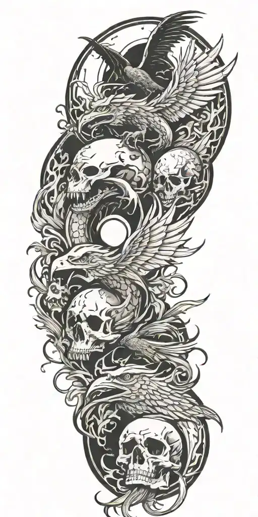 dragon and phoenix and skull and moon and raven tattoo design idea