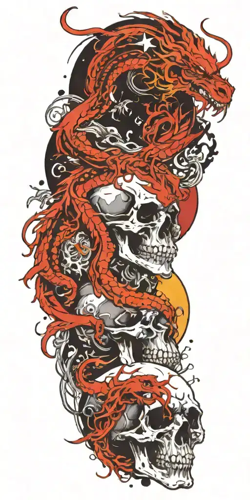 Chinese dragon and phoenix and skull and moon and tattoo design idea