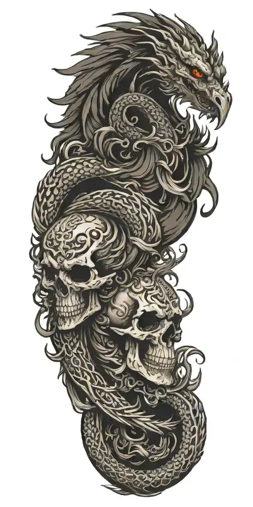 Chinese dragon and phoenix and skull and moon and patterns of Scandinavian mythology tattoo design idea