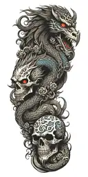 Chinese dragon and phoenix and skull and moon and raven tattoo design idea