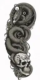 Chinese dragon and phoenix and skull and moon and raven tattoo design idea