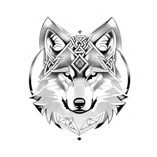 Wolf with blue eyes and Viking runes tattoo design idea