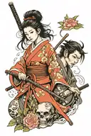 girl and samurai tattoo design idea