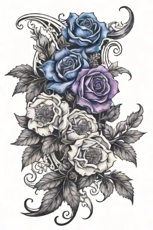 purple, blue and white gothic flowers growing up from a crescent moon  tattoo design idea