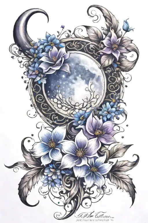 Crescent moon facing up with blue, purple and e white flowers growing upwards with the words "Be the light in the dark"  tattoo design idea