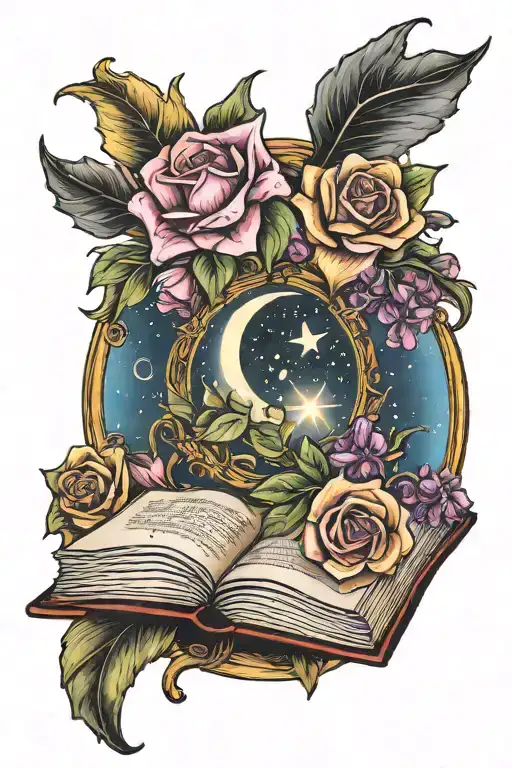 A realistic depiction of an open book with a mystical crescent moon hovering above it, accented by an array of colorful blossoms and the message 'Guiding light' tattoo design idea