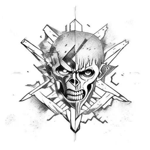 bandeira do reconhecimento de attack on Titan, com um corpo em posição de sentido estilo anime, dentro de um retangulo tattoo design idea