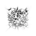 bandeira do reconhecimento de attack on Titan, com um corpo em posição de sentido estilo anime, dentro de um retangulo tattoo design idea