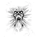 bandeira do reconhecimento de attack on Titan, com um corpo em posição de sentido estilo anime, dentro de um retangulo tattoo design idea