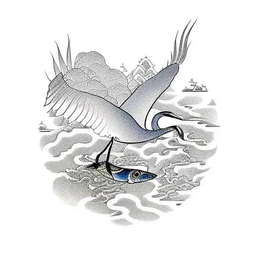  OPEN WINGED CRANE, EATING A SMALL FISH IN A LAKE WITH JAPANESE VEGETATION tattoo design idea