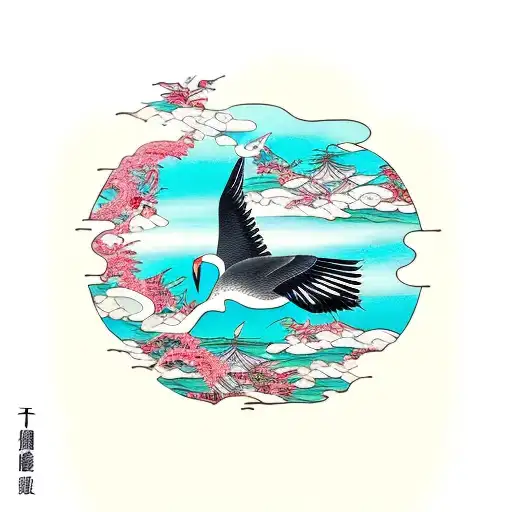  OPEN WINGED CRANE, EATING A SMALL FISH IN A LAKE WITH JAPANESE VEGETATION tattoo design idea