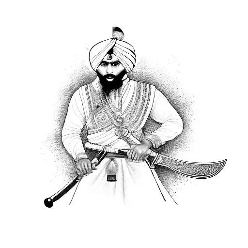 A detailed illustration of a traditional Sikh warrior wielding a sword, surrounded by ancient Punjabi scriptures tattoo design idea