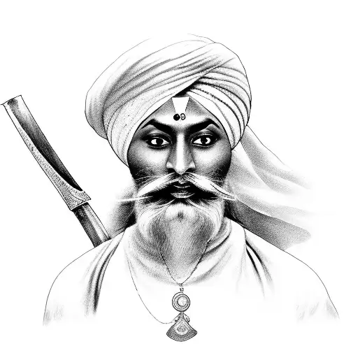 A realistic portrait of a historical Sikh saint, with a book in one hand and a sword in the other tattoo design idea