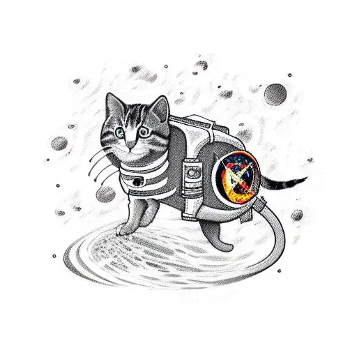 An astronaut riding a black hole like a surfboard, with a cat sitting on their shoulder tattoo design idea