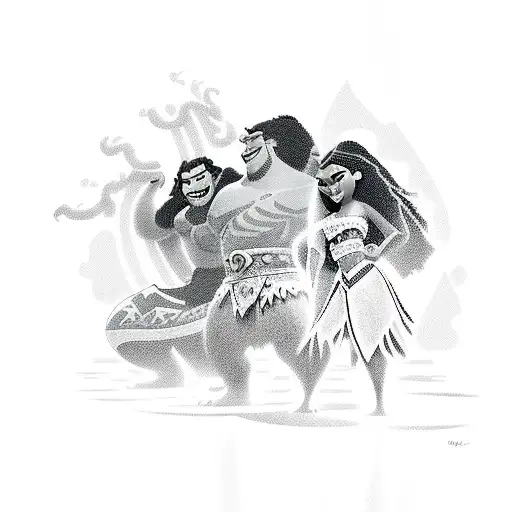 The plot from the cartoon Moana with the main characters in the composition tattoo design idea