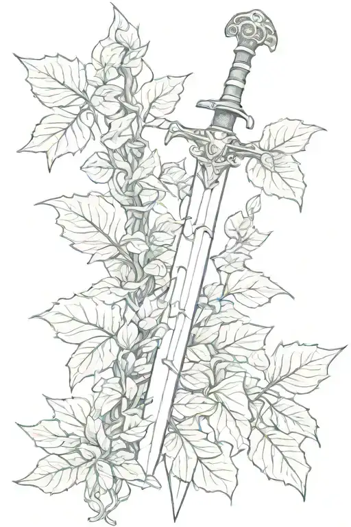 sword and green ivy leaves tattoo design idea