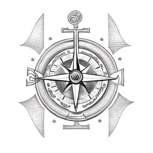 tattoo representing a clock, a compass, an anchor, a treble clef and a discreet Mickey's head tattoo design idea