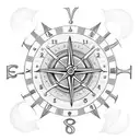 tattoo representing a clock, a compass, an anchor, a treble clef and a discreet Mickey's head tattoo design idea