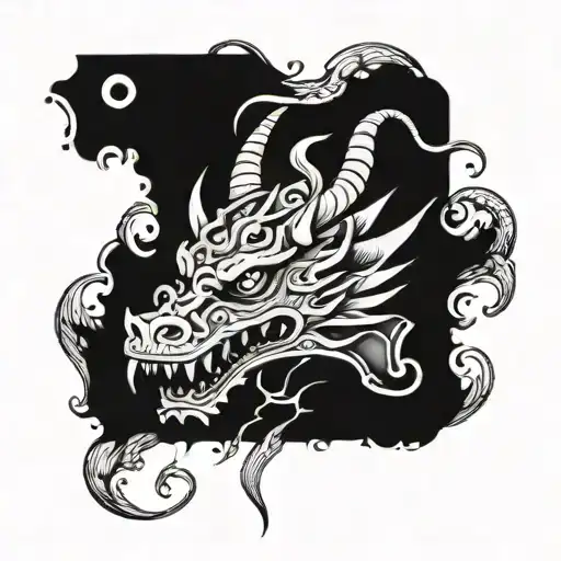 a mythical sign with a front facing dragon head hidden inside tattoo design idea