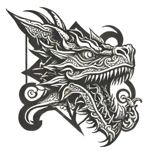 an old mediaeval mythical sign with a front facing dragon head hidden inside tattoo design idea