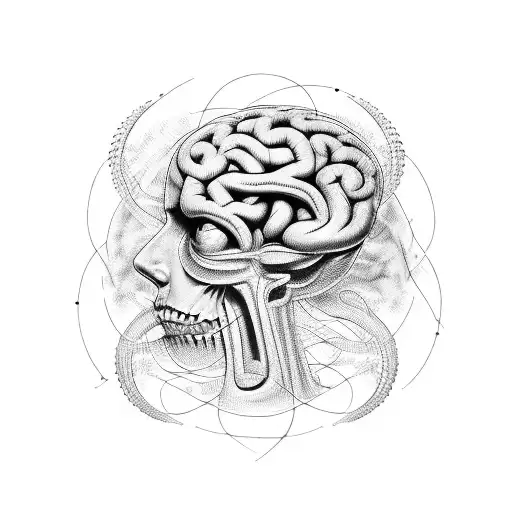 twisted brain patterns made of musical notes and frequency hz with an old school banner underneath "narcissist" written  tattoo design idea
