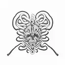 twisted brain patterns made of musical notes and frequency hz with an old school banner underneath "narcissist" written  tattoo design idea