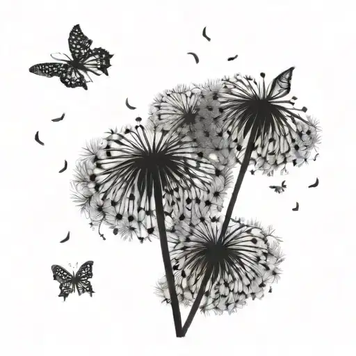 An intricate dotwork pattern of dandelion seeds floating away like butterflies tattoo design idea